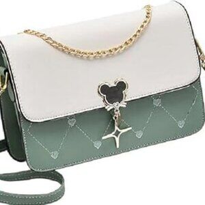 Leather Shoulder Bag Purse Color Block Handbag Mickey Head Elegant w Chain